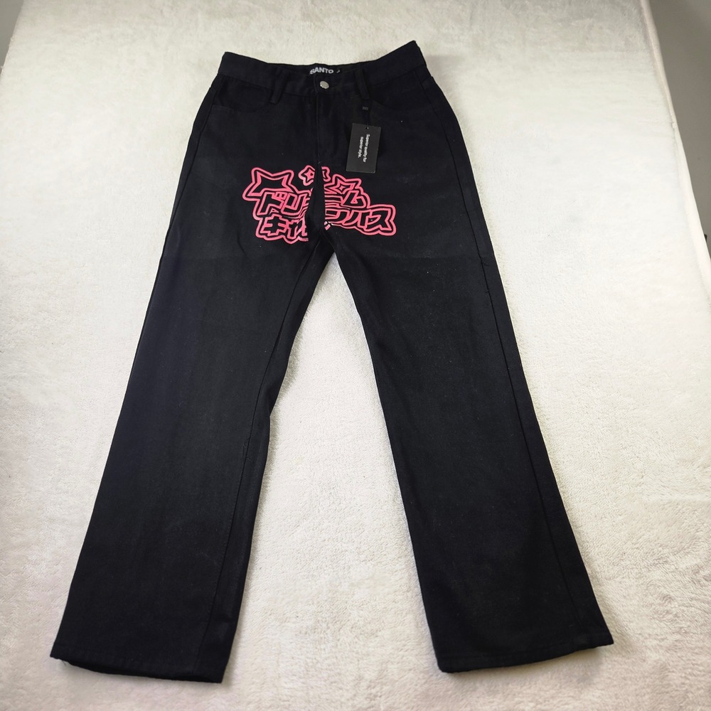 Santo Black Denim Pants Pink Japanese Graphic Star Heart Streetwear Mens Large